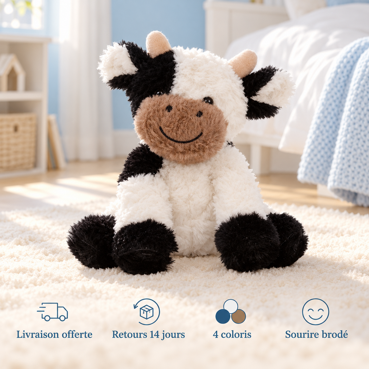 Peluche vache : livraison offerte, retours 14 jours, 4 coloris, sourire brodé
