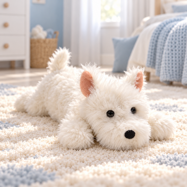 Peluche chien westie blanc allongée sur un tapis crème, dans une chambre d'enfant